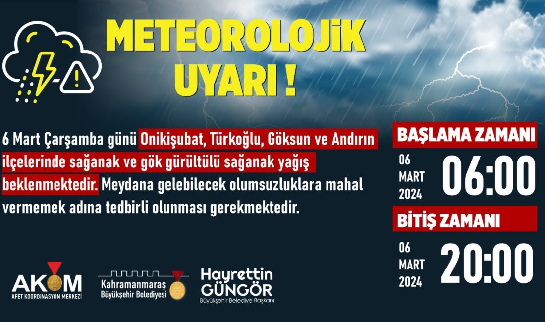 Güneybatı İlçelerinde Sağanak Yağış Uyarısı! AKOM, 6 Mart Çarşamba günü Onikişubat, Türkoğlu, Göksun ve Andırın