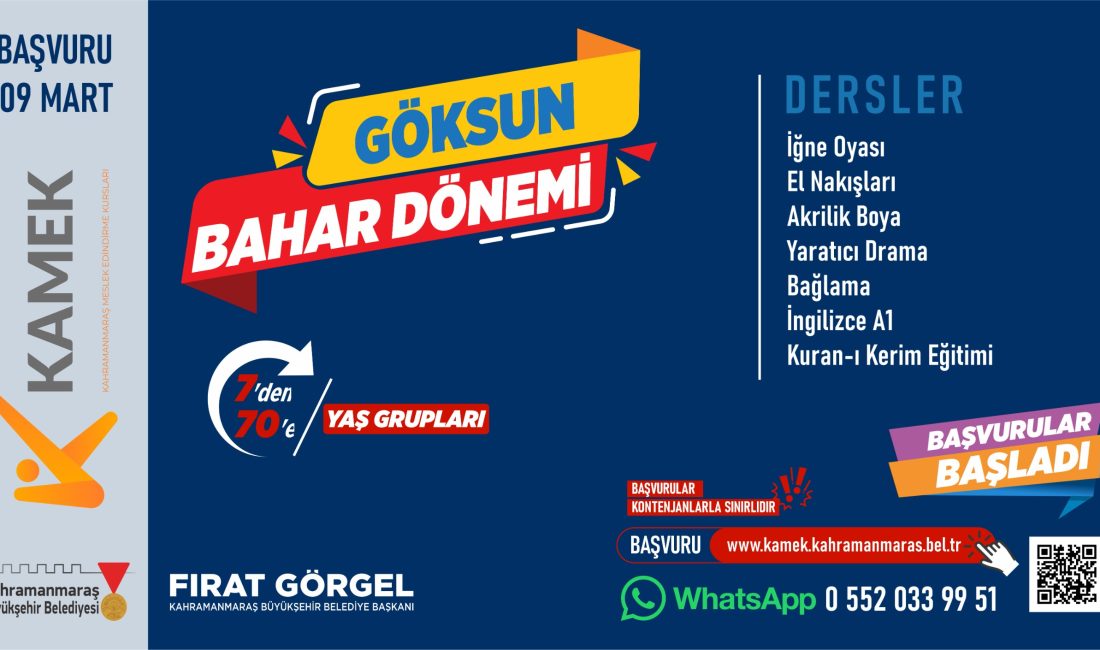 Büyükşehir Belediyesinin Meslek Edindirme Kursları, Göksun’da vatandaşlarla buluşuyor. 7 farklı